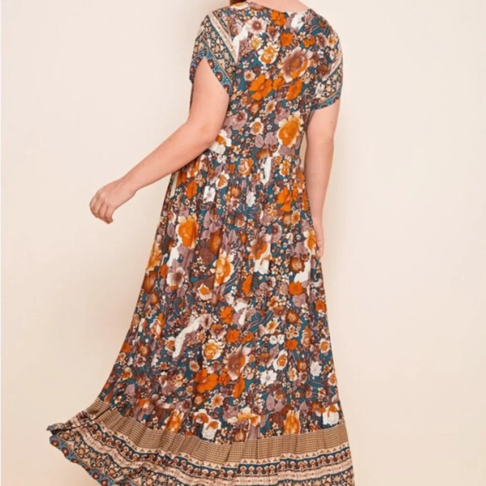 Boho plus size  V neck Floral Orange Maxi Dress - Picture 4 of 5